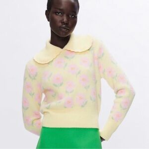Nwot Zara Pale Yellow Floral Crewneck Sweater sz M